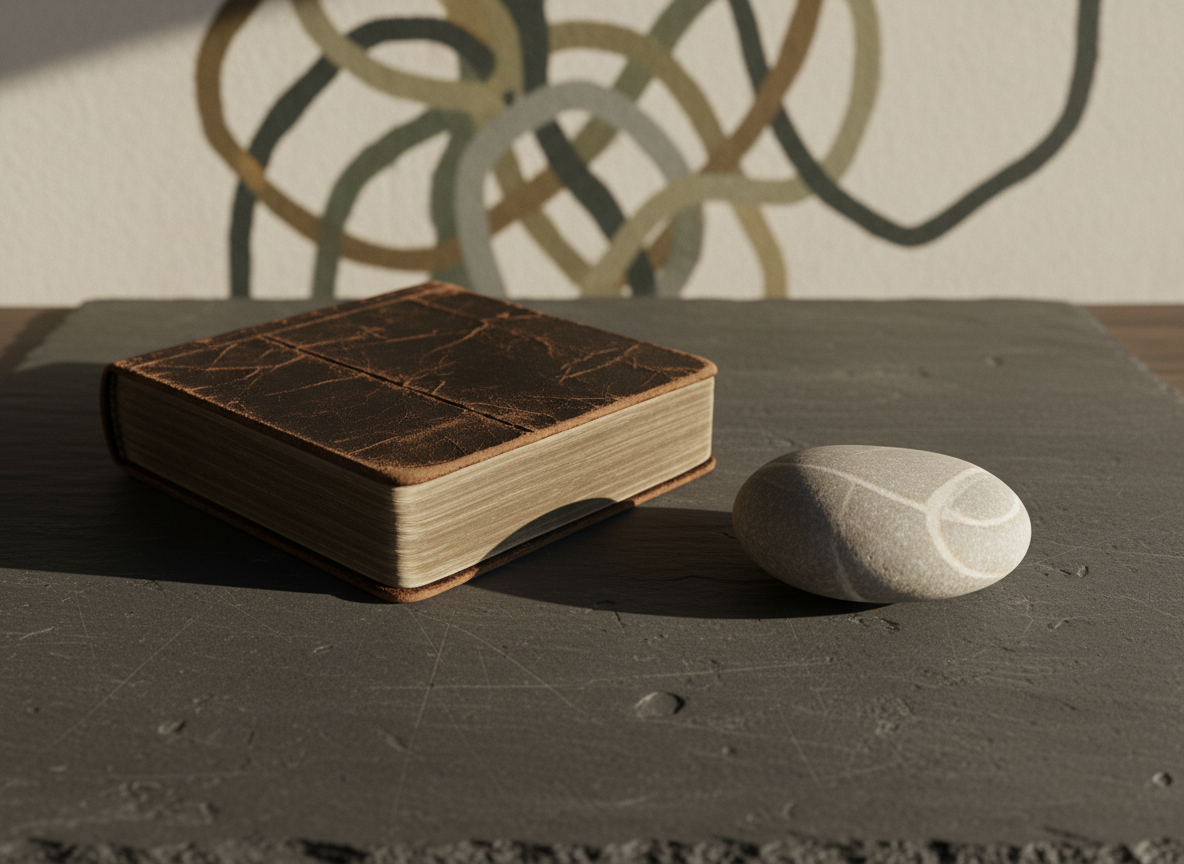 A minimalist writing desk scene rendered with rich textures: a worn leather-bound journal lying slightly open, its thick, rough-edged pages creating deep shadows between them. Beside it, a smooth river stone with subtle natural striations sits on a slate surface that shows fine scratches and matte irregularities. Diffused afternoon light falls diagonally across the desk, producing a calm, introspective mood, with soft highlights on the leather grain and stone. In the blurred background, abstract shapes on a textured wall hint at tangled thought patterns slowly coming into focus. Framed from a slightly elevated angle, the composition suggests the process of unpacking toxic psychological history and emotional blocks through reflection, without any visible text or human presence.