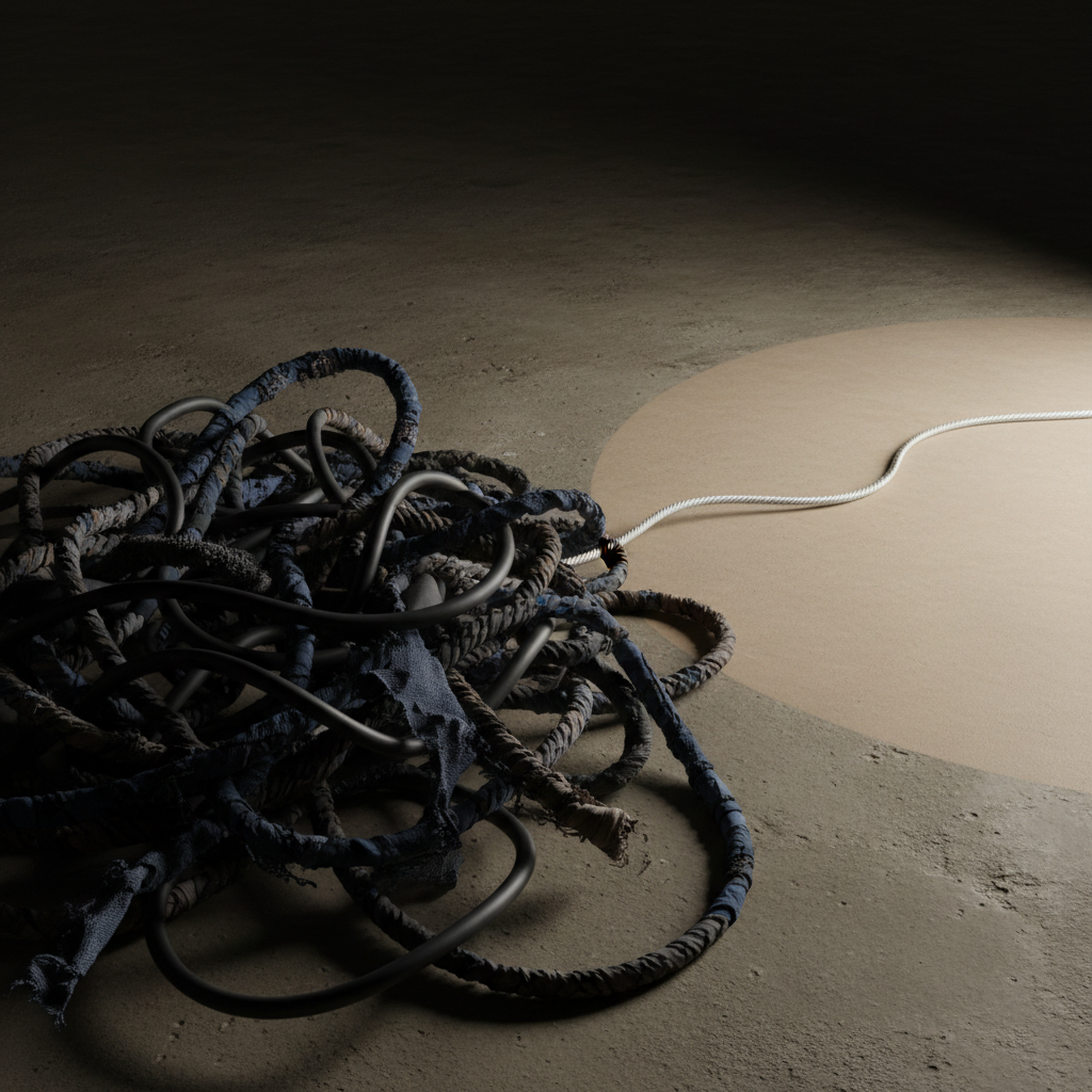 A dense, tangled mass of dark, braided cords sprawled across a rough concrete surface, each cord made of different textured materials—frayed fabric, smooth rubber, twisted paper—symbolizing intertwined toxic relationships, procrastination, and internalized criticism. From the right side, a single lighter-colored cord begins to separate, stretching toward a softly illuminated area where the concrete becomes smoother and warmer in tone. Gentle, directional lighting from the upper right creates pronounced shadows that emphasize the complexity and weight of the knots. The composition is asymmetrical, with the main knot dominating the lower left, captured at a low, close-up angle to enhance the feeling of psychological entrapment gradually giving way to clarity, in a sophisticated, realistic yet abstract style.