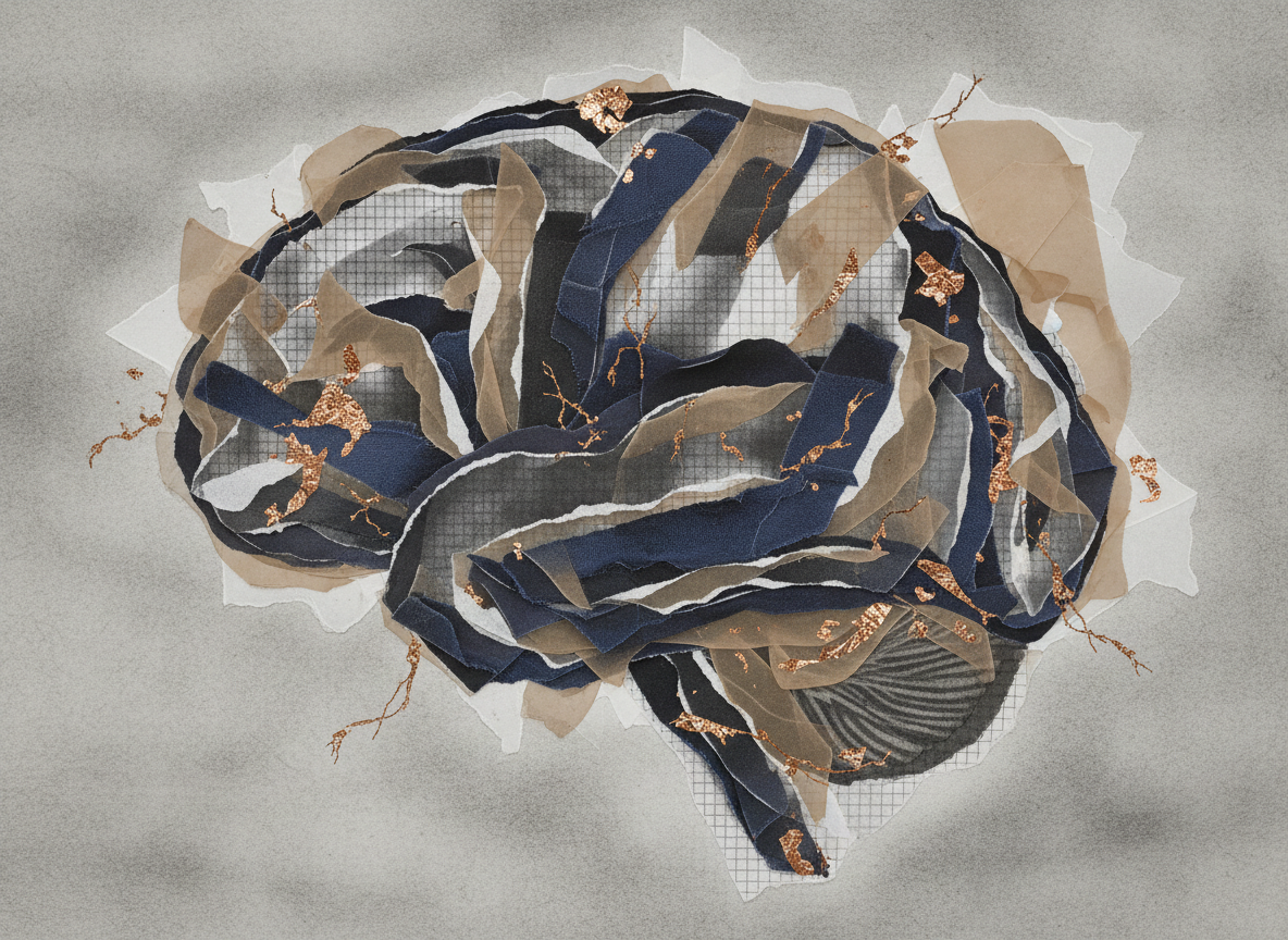 An intricate, layered collage of textured papers, torn fabric, and translucent vellum shapes arranged to resemble an abstract brain from above. Each overlapping layer features subtle patterns—faint grids for control, smudged charcoal for depression, delicate gold leaf fractures for narcissistic fragility. Soft, overhead studio lighting creates nuanced shadows between the layers, accentuating depth and complexity. The color palette is restrained: smoky grays, faded indigo, warm taupe, and small accents of metallic copper. Shot from a bird’s-eye view with sharp focus that captures every fiber and tear, the composition feels orderly yet fragile, evoking sophisticated psychological analysis of dysfunctional patterns while avoiding any literal human imagery or typography.